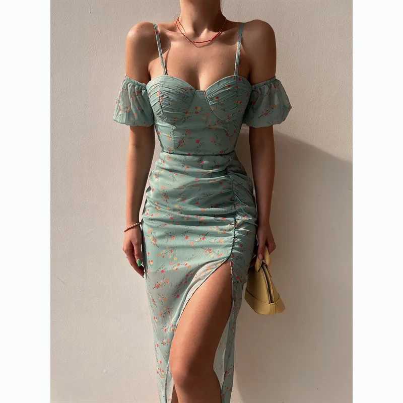 Spring/Summer New Flower Print Wrapped Chest Irregular Strap Dress Summer Short sleeved High slit Womens Party ClothingXJ250514