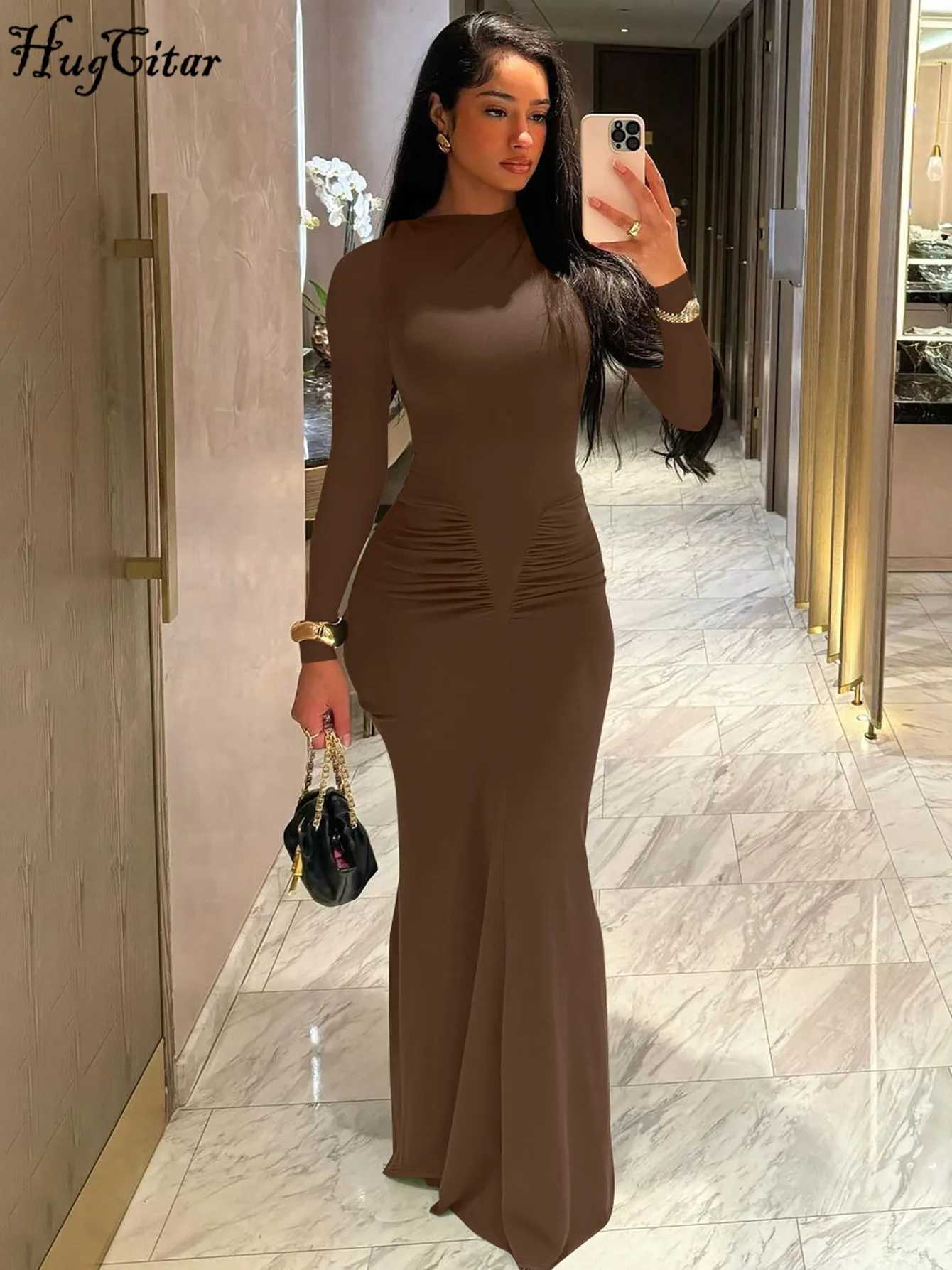 Hugcitar 2024 Autumn Solid Long Sleeve Draped Sexy Bodycon Maxi Prom Dress Women Fashion Y2K Outfits Evening Party FestivalXJ250514