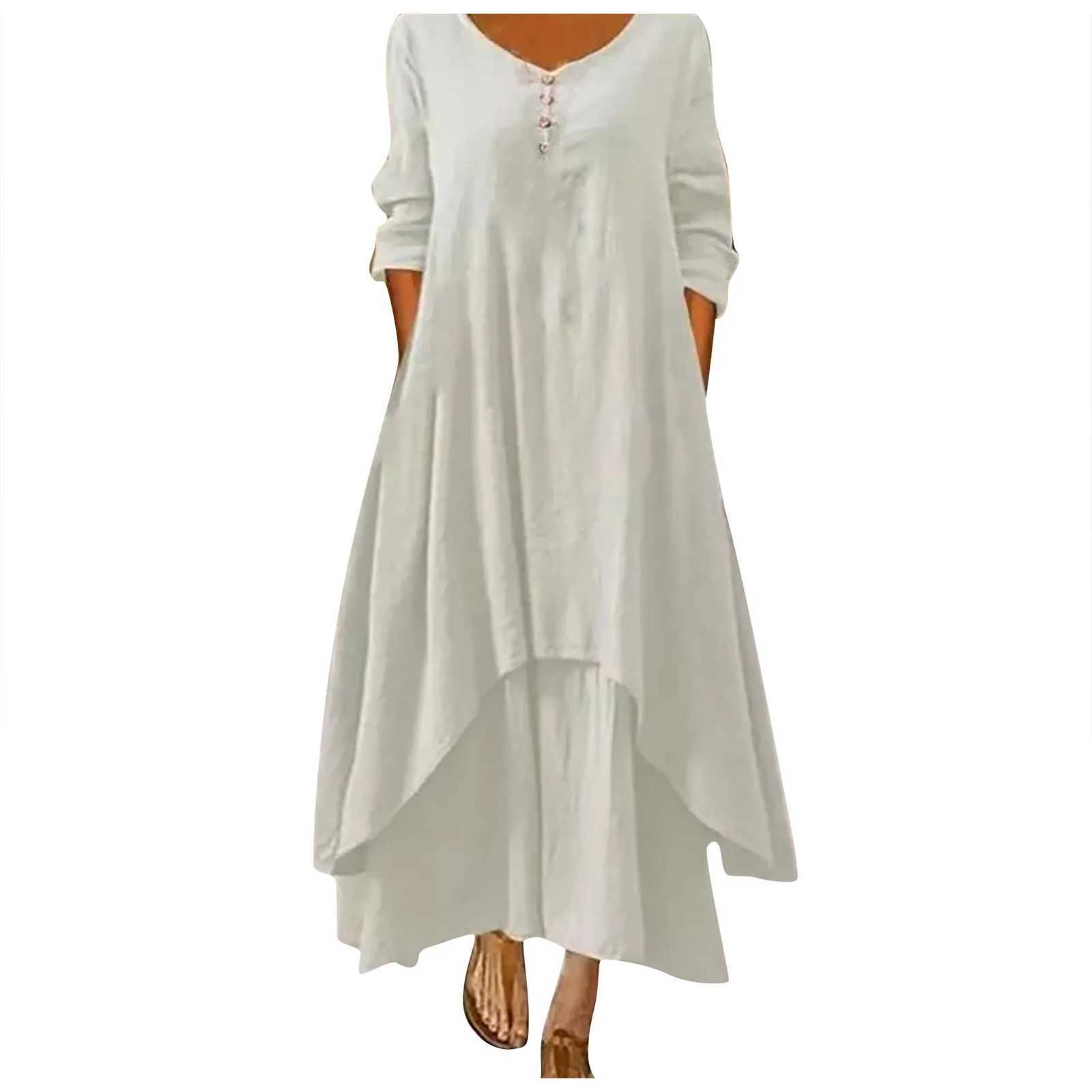 Womens Elegant Linen Ginger Dresses Bohemia Layering Vintage Long Sleeve Loose Long Dress Female Autumn DressesXJ250514