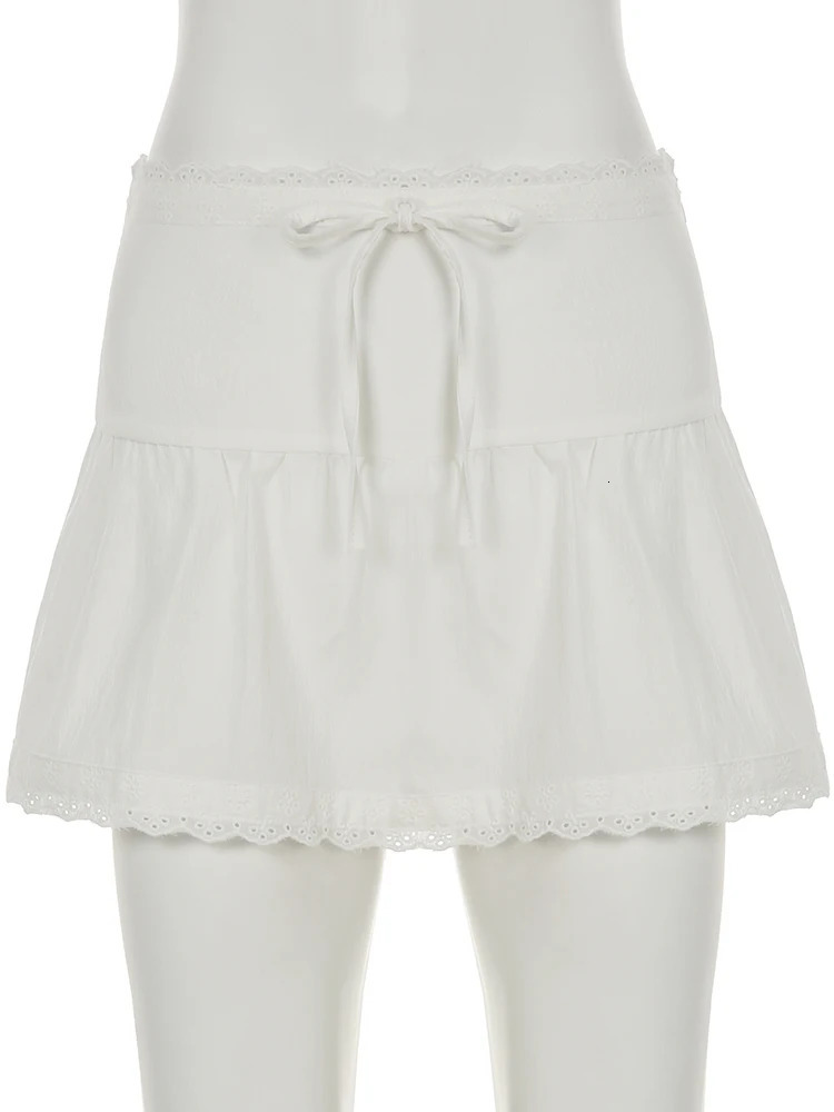 IAMSURE Casual Bandage Lace Trim ALine Skirts Slim Solid MidWaisted Mini Women Summer Fashion Streetwear Ladies 250514