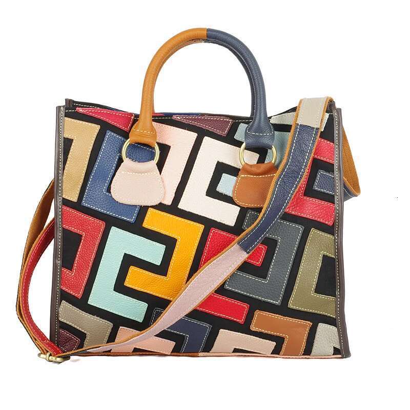 Genuine cowhide hand-ed with random contrasting colors, casual handheld crossbody bag for women