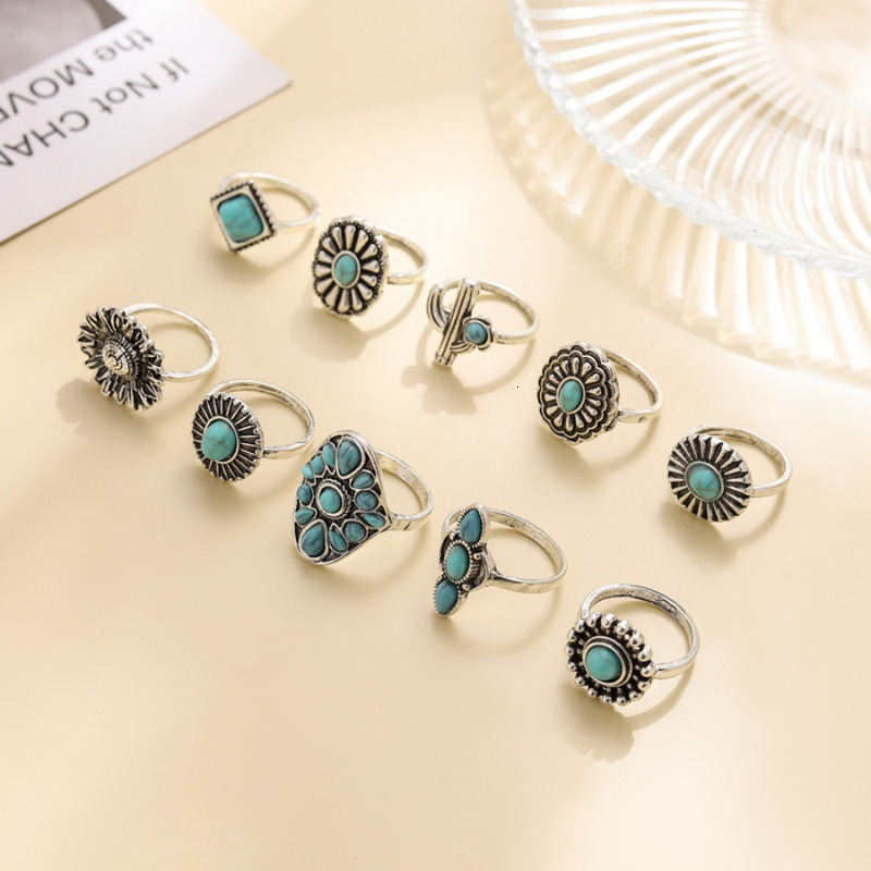 New Ring Exaggerated Geometry Flower Pine Stone Water Drop Ten Piece Set