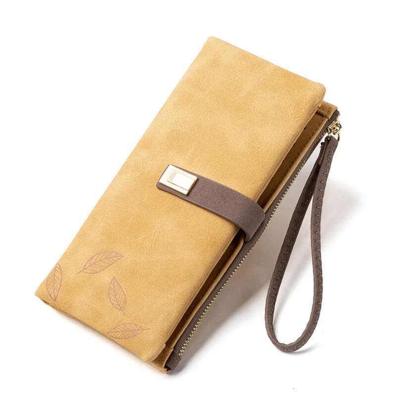 Women Wallet Fashion Long Design Retro PU Leather Credit Card Holder Frosted Leaf Print Buckle Zip Purse Female Handbag Wallets