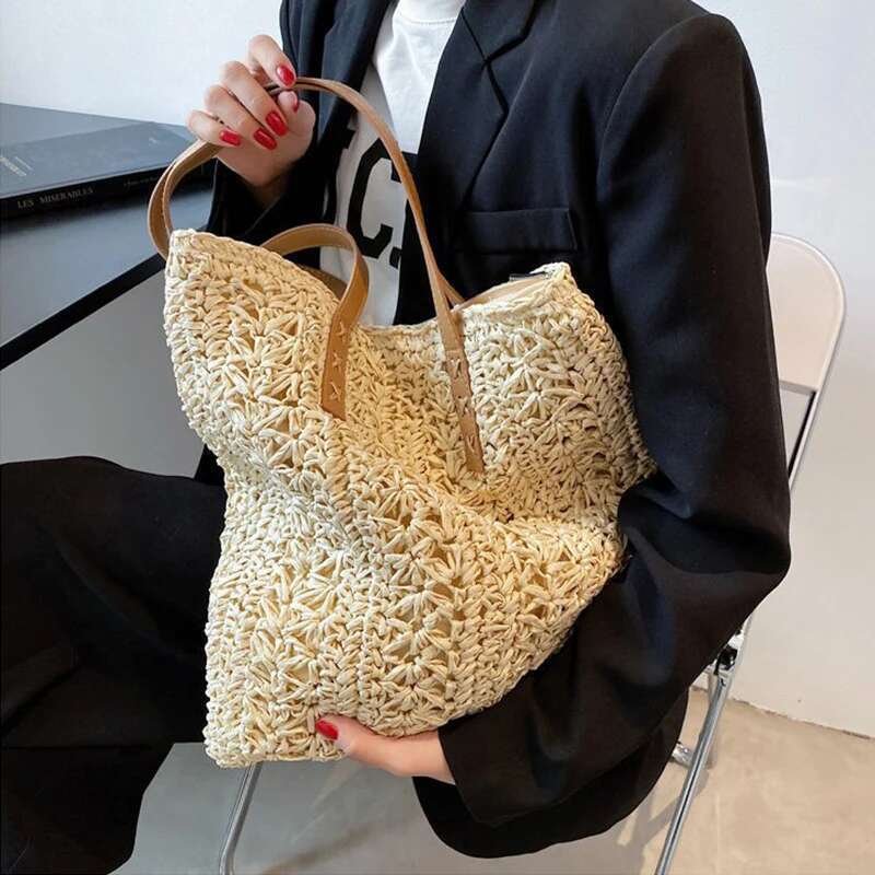Fashion Straw Woven Large Capacity Shoulder Shopping Bag Women Vacation Beach Handbag Purse Bohemia Rattan Knitted Tote For Lady