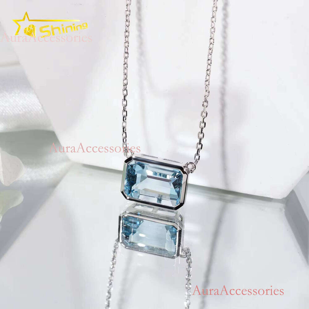 New Design Real Fine Jewelry Emerald Cut Lab Sapphire Custom Ladies Gold Pendant Necklace
