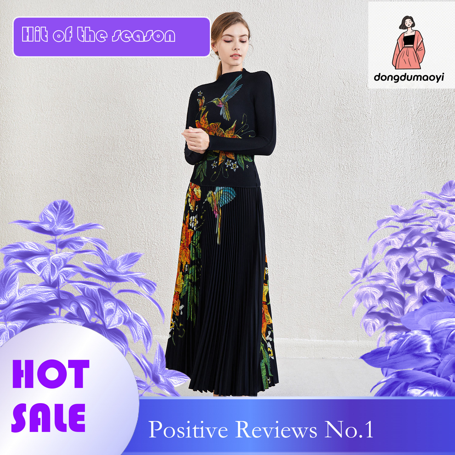 dongdumaoyi Fashionable Set, Folded Women's Clothing, Miyake Printed Chiffon Bottom Shirt, Half Skirt Two Piece Set