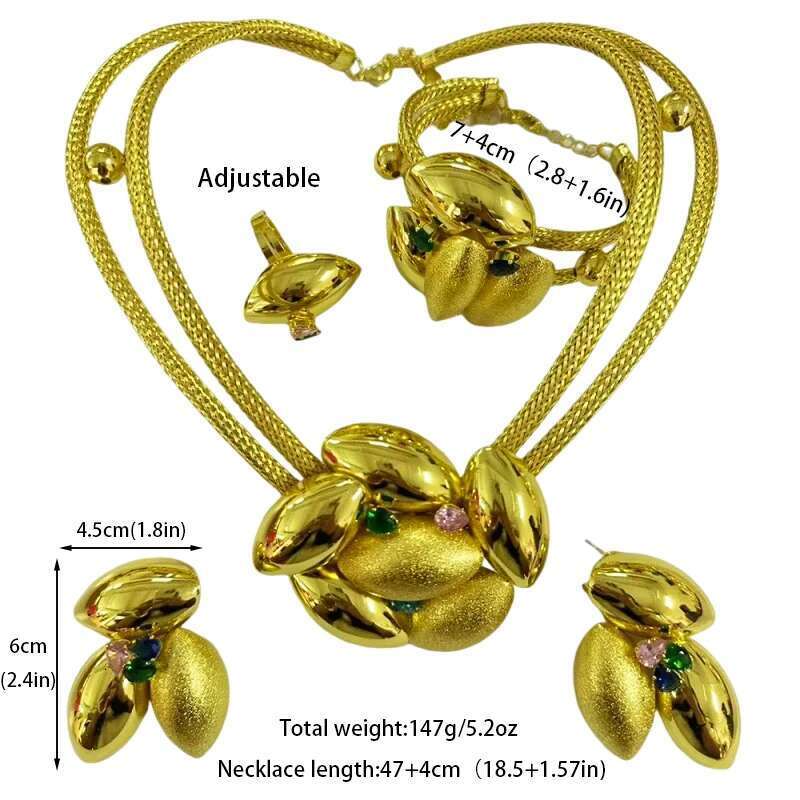 Dubai Set For Bridal Gold Color Big Necklace And Stud Earrings African Elegant Party Bangle Ring Jewelry