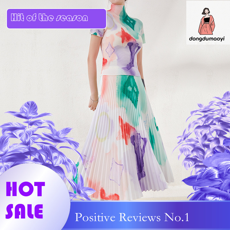 dongdumaoyi Printed temperament women's suit, Miyake size, high-end feel, elastic plus size T-shirt, hanging half skirt