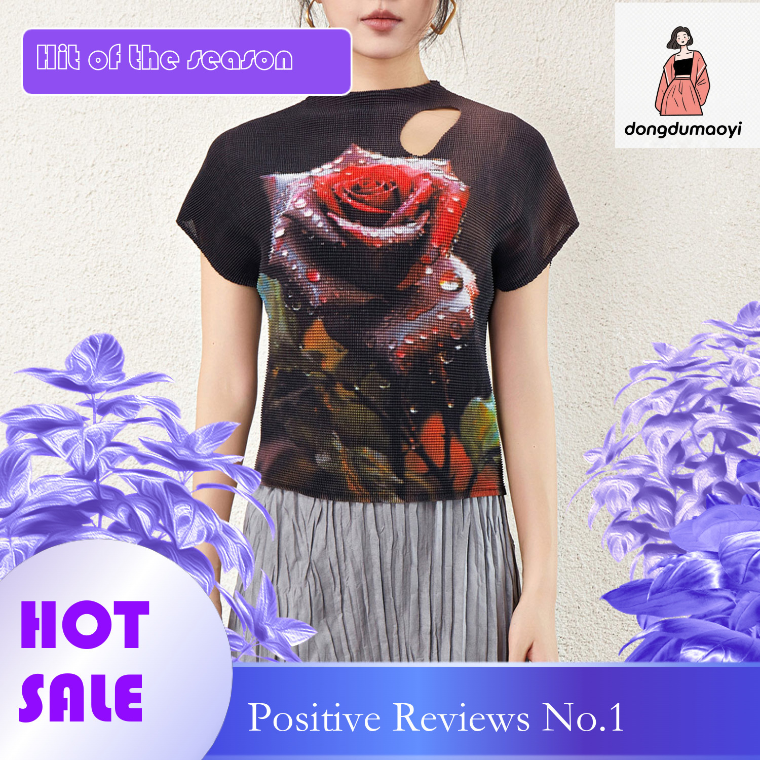 dongdumaoyi Miyake style top 2024 new half neck short sleeved fashionable printed hollow out clothes women's rose T-shirt