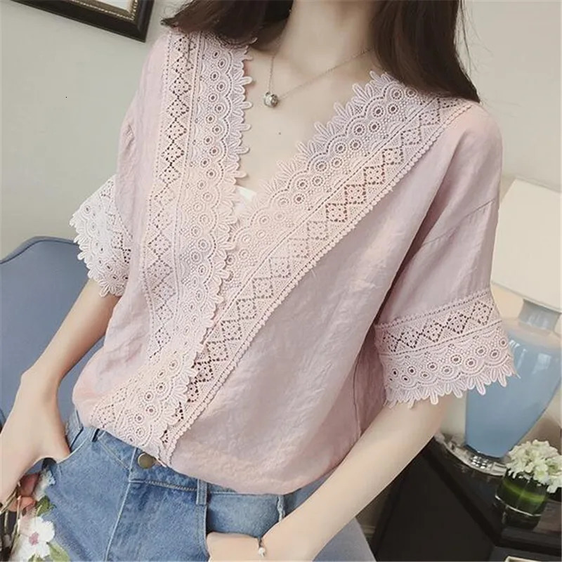 Women Summer Tops Crochet Lace Tees Sexy Vintage Short Sleeve T Shirts Loose Blouse Casual 250514