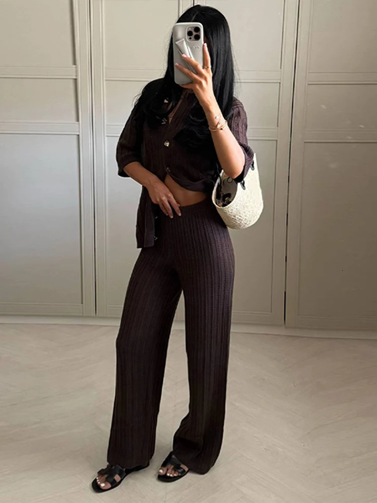 Brown Knit Pants Sets Women Hollow Out Lapel Half Sleeve Cardigan Wide Leg Trousers Suit 2025 Summer Lady Beach 2 Pieces Outfits 250513