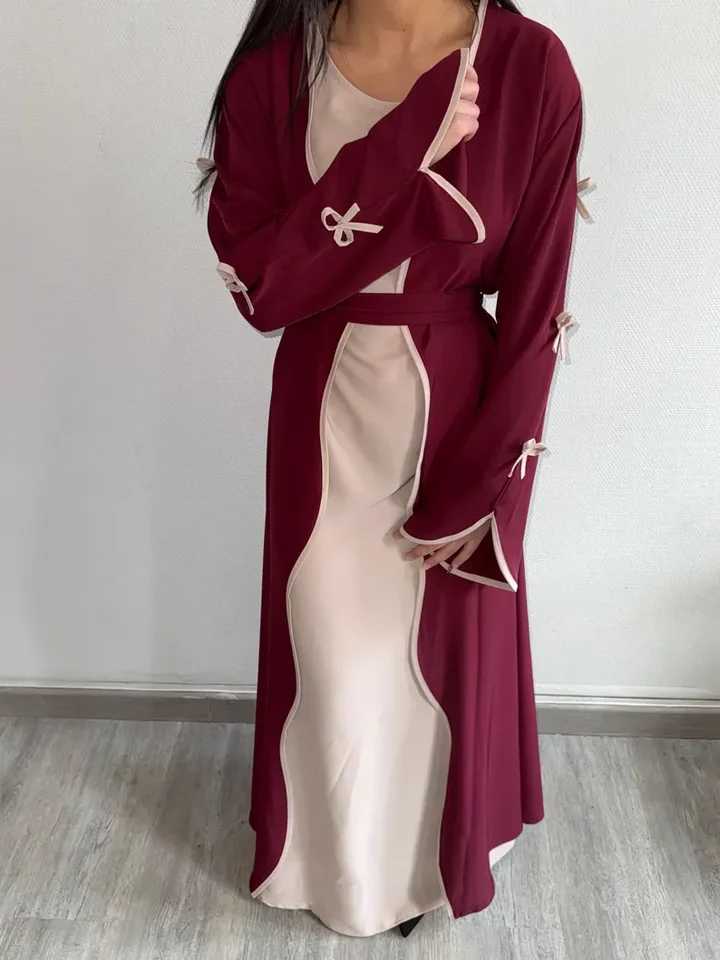 Burgundy Islamic Abaya for Middle East Muslim Ladies Bow Details Contrast Inner Layer Ideal for Ramadan and Daily Wear in Saudi X250514