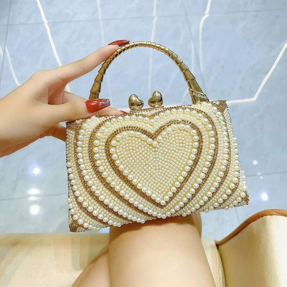 Fashion Pearl Beaded Women's Handbag Glitter Shiny Rhinestones Dia Evening Wedding Party Clutch Purse Crossbody Bag