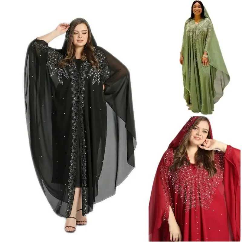 Fashion African Muslim Womens Bat Slves Loose Robe Evening Gown Kaftan Rhinestone Beaded Hooded Chiffon Maxi Dress X250514