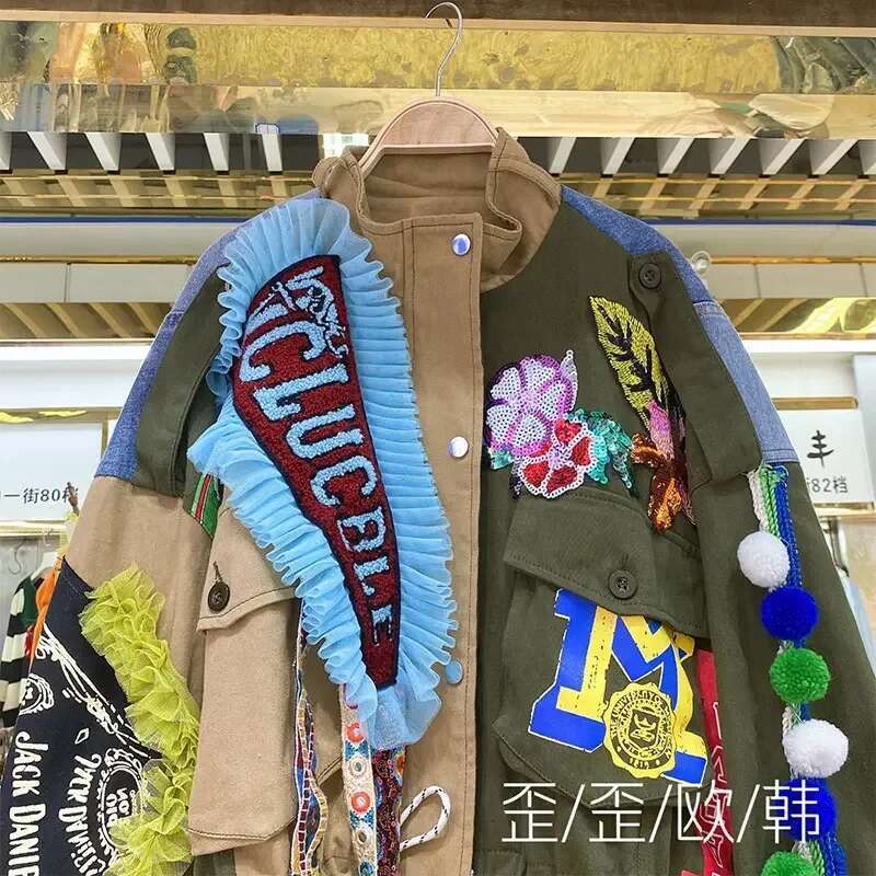 Women Floral Embroidery Sequined Trench Coats Mesh Spliced Ruffles Denim Jacket Hairballs Tassels Jeans Cardigan Streetwear Tops