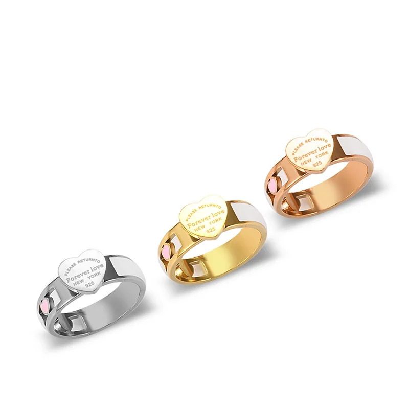 Fashion Hollow Colorful Heart Rings Stainless Steel Big Heart Tag White Shell Ring For Women Girls Female Men Wedding Jewelry 250509