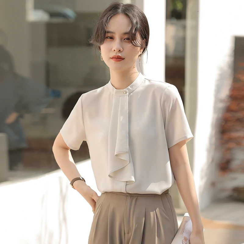 Elegant Spring Summer Ribbon Collar Womens Blouses Short Sleeve Oneck Casual Loose Office Lady Shirts for 250514