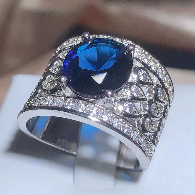 Hollow Blue Zircon Wedding Ring for Women Water Drop Net She Micro-inlaid Simulation Simple Jewelry Full Drill Engagement RingXJ250514