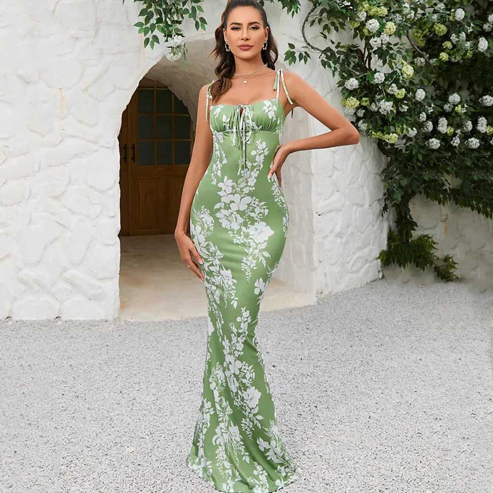 Womens All Over Print Tie Shoulder Mermai Blancosd Hem Cami Maxi Dress Boho Sleeveless Spaghetti Strap Tie On Bodycon DressesXJ250514
