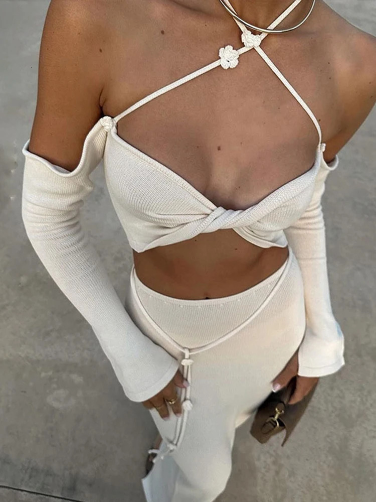Sexy Knitted Sling Bikini Long Skirts Womans Set Casual Slim Solid Lace Up Tube Tops Slit Skirt Sets Female Summer Beach Party 250513