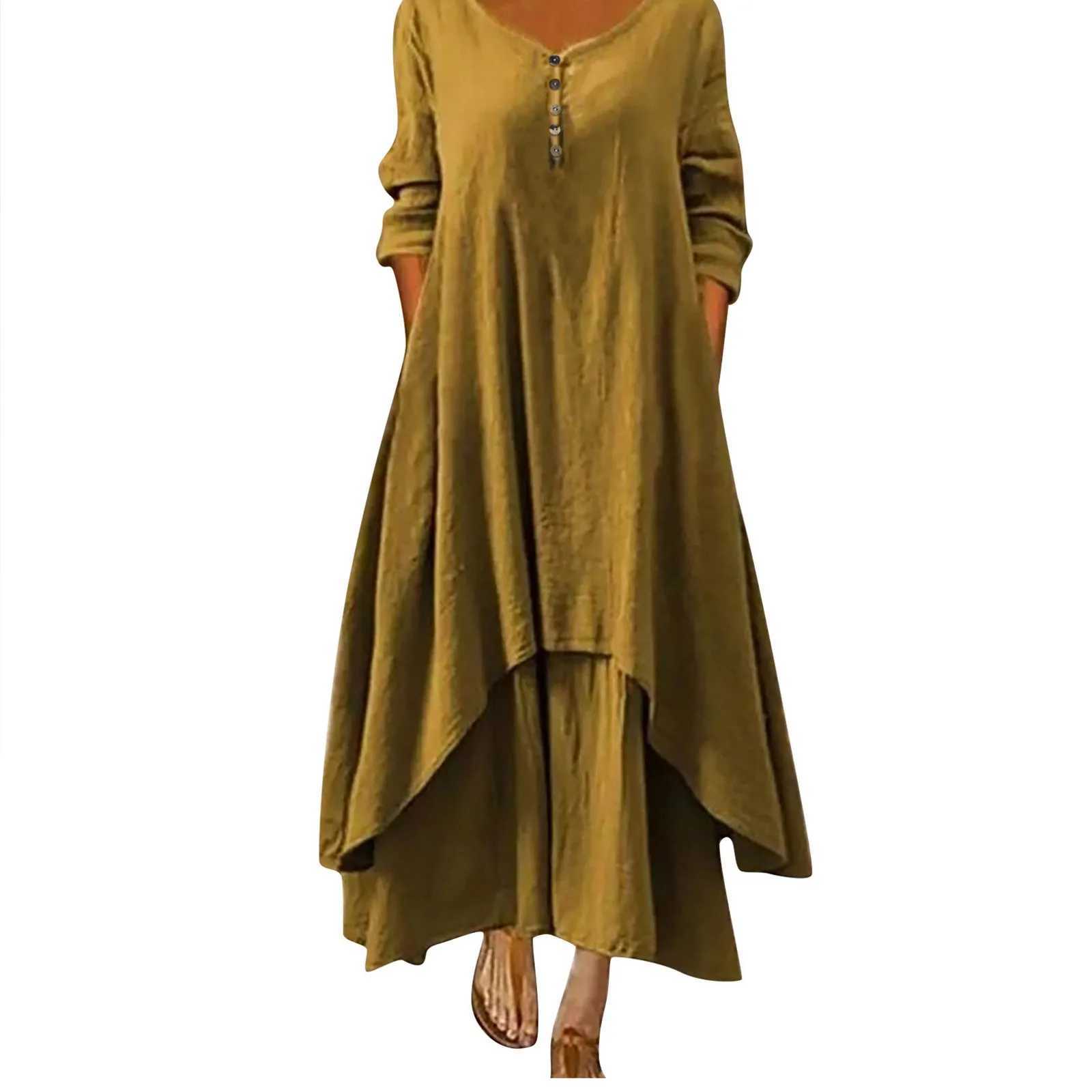 Womens Elegant Linen Ginger Dresses Bohemia Layering Vintage Long Sleeve Loose Long Dress Female Autumn DressesXJ250514