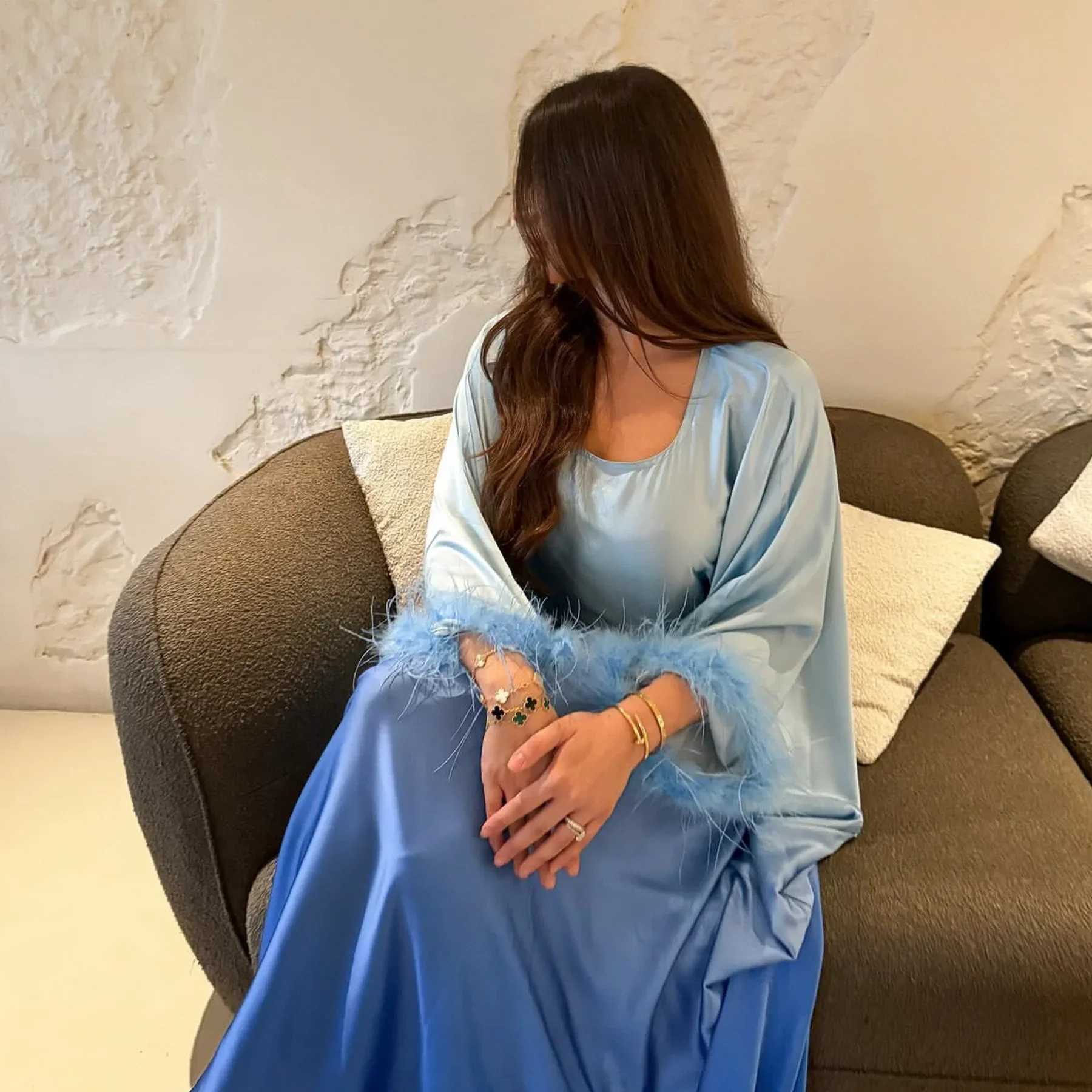 Ramadan Feather Abayas for Women Satin Modest Muslim Dress Eid Djellaba Islam Jalabiya Ka Caftan Marocain Femme Dubai Abaya X250514