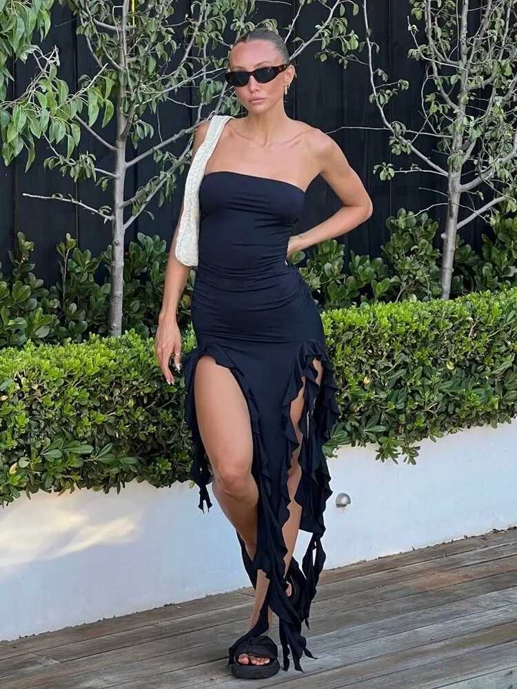 Elegant Ruffles Maxi Dress Summer Sexy Straps Sleeveless Ruched Evening Party Dresses for Women Backless Club OutfitsXJ250514