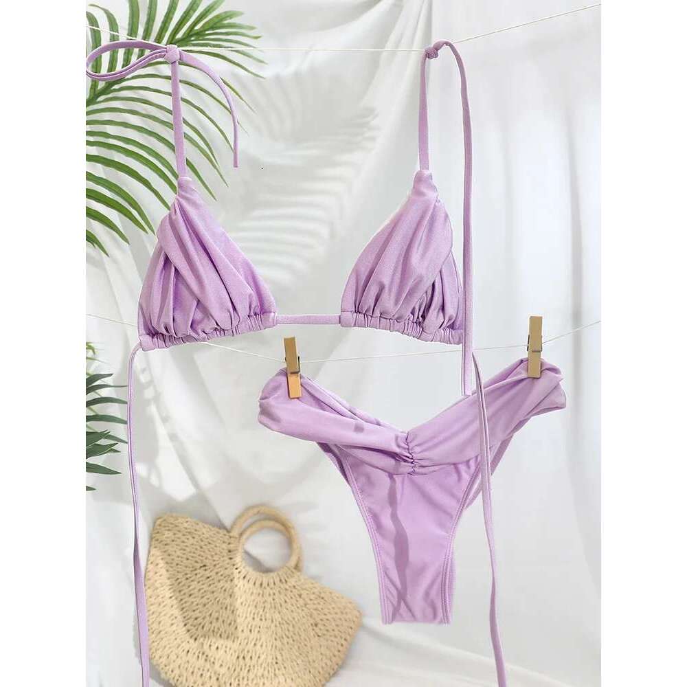 Triangle Bikinis Sexy Swimsuit Women Bandage Swimwear Bikini Set Solid Color Beachwear Two Piece Suit Female Swimsuits