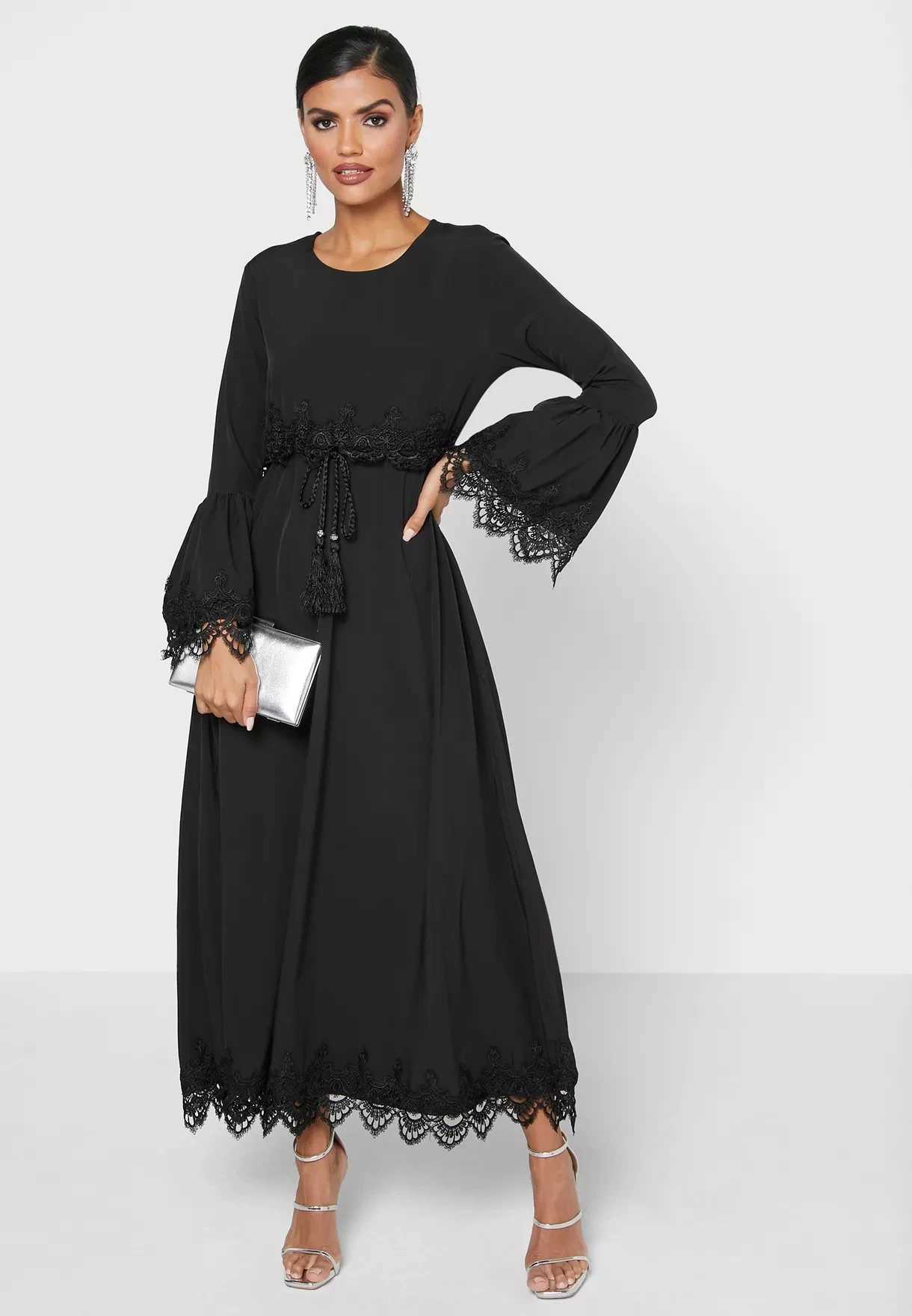Muslim Middle East fashion casual elegant womens dress Arab Dubai Turkish womens lace dress Islamic patchwork robe dress X250514