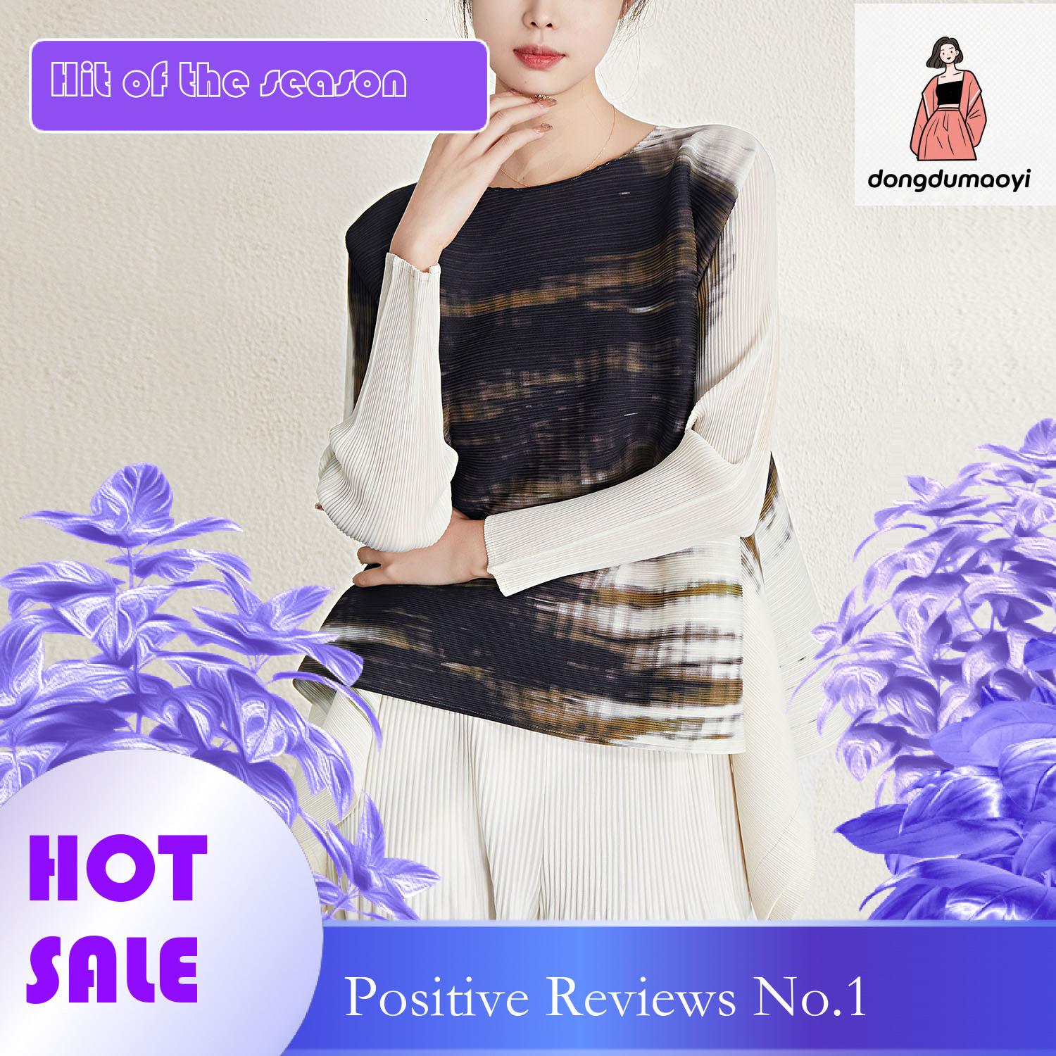 dongdumaoyi Wrinkled top spring new Miyake round neck printed T-shirt loose and slimming, covering the belly women's fashion style