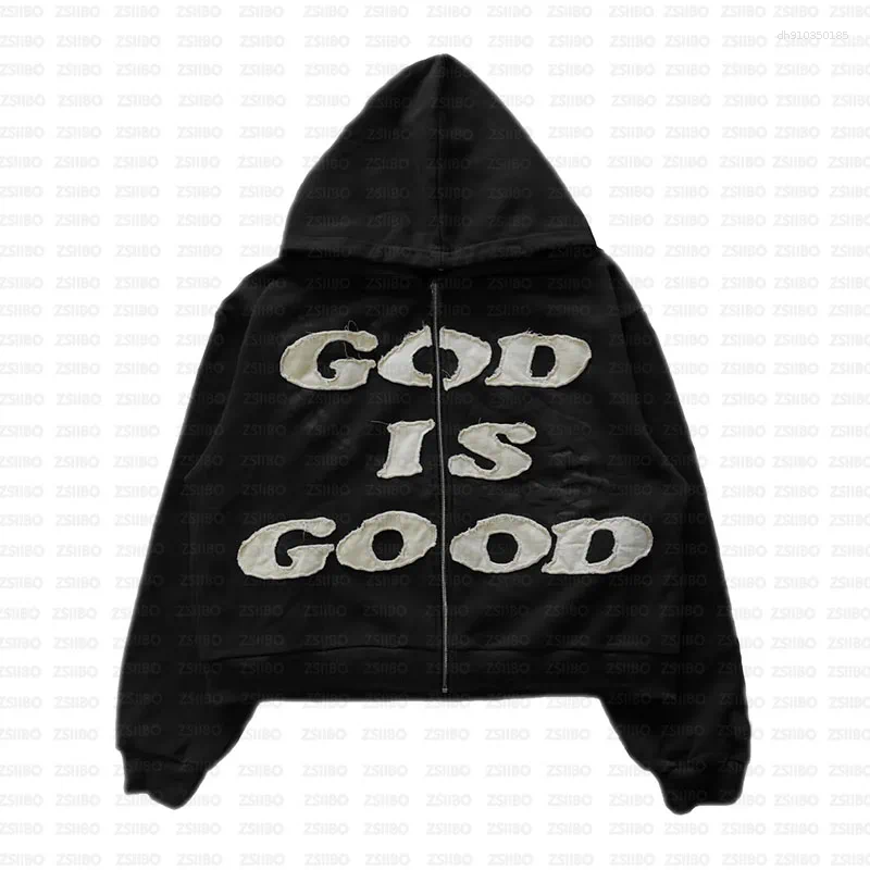 Mens Hoodies Gothic High Street Letter God Is Good Embroidered Zipper Hoodie Hooded Jacket Harajuku Hip-hop Casual Top