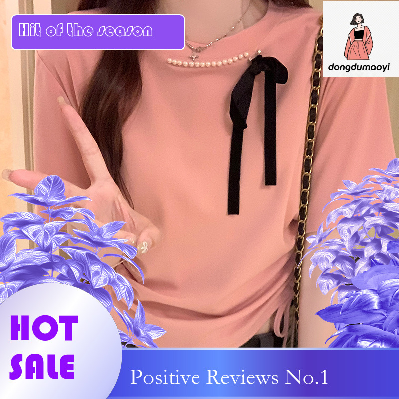dongdumaoyi Nail bead bow shoulder sleeved T-shirt for women in summer 2025, new pleated waist and slimming short top