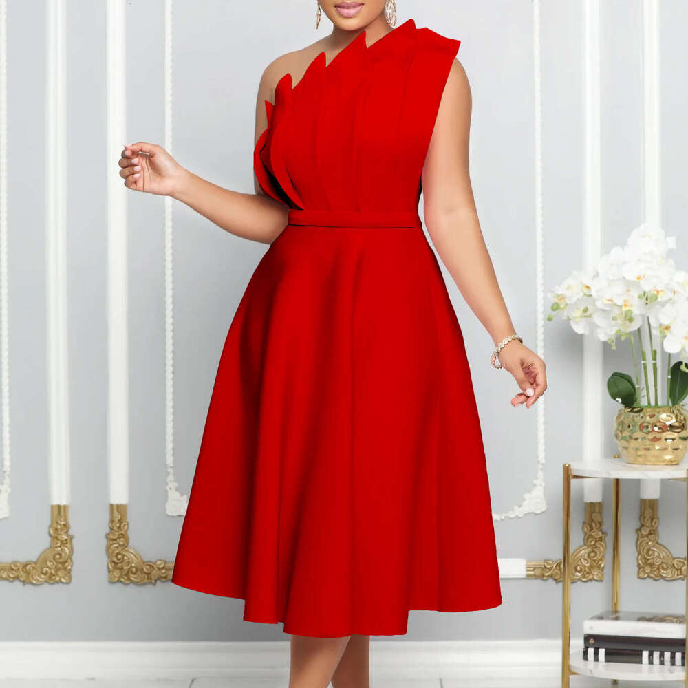 Women's Wear Large Women's Summer Sexy Diagonal Collar Three-Dimensional Pleated High Waisted Banquet Evening Dress