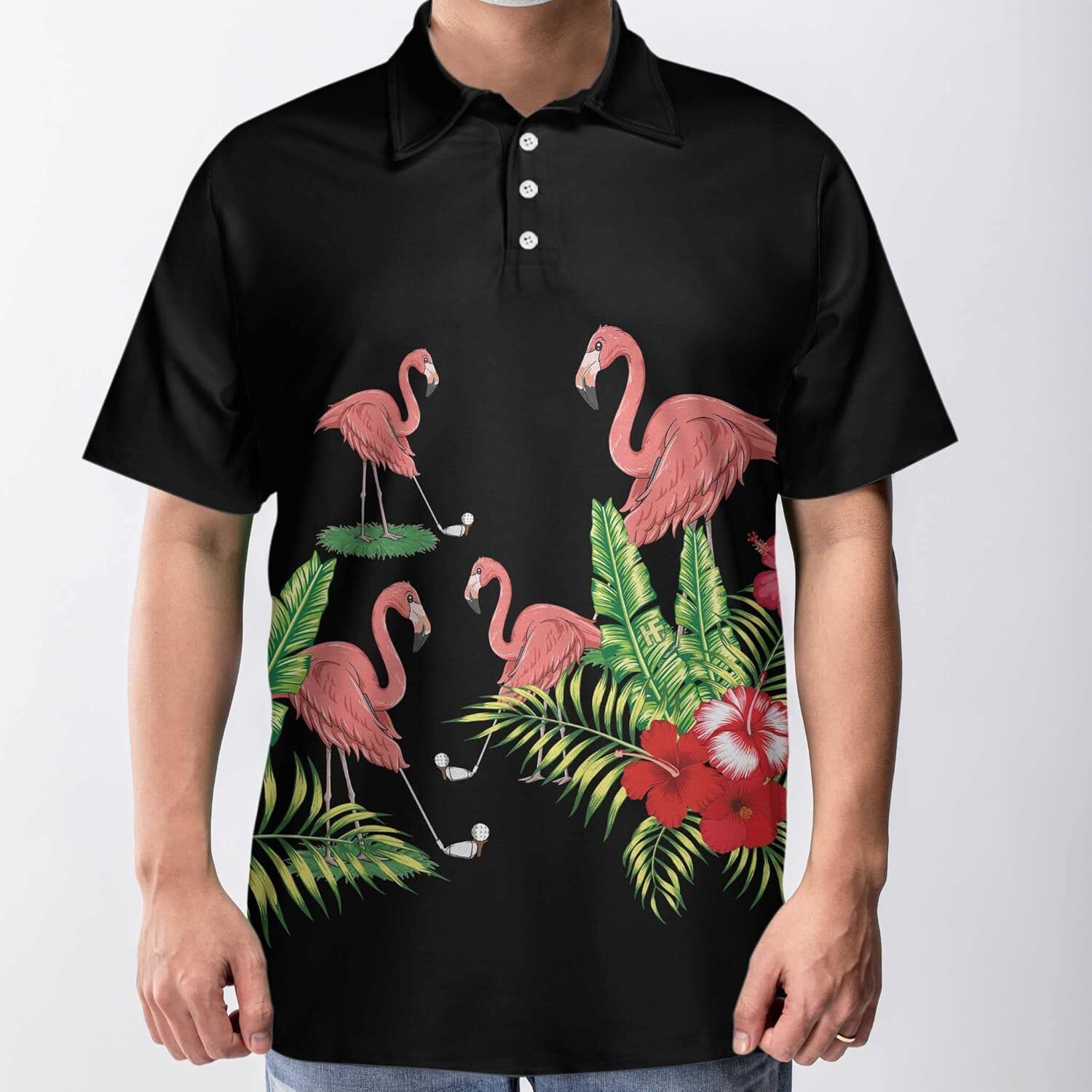 Mens Polo shirt Flamingo Playing Golf And Tropical Pattern Pink Flamingo Short Sleeve Polo Shirt For Golfers, Mens Polo Shirts for Gifts, Short Sleeve