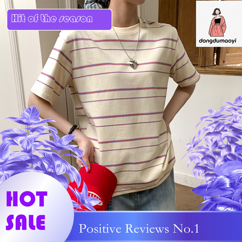 dongdumaoyi Summer fashion brand American striped short for women, round neck loose half sleeved top, thin sea soul shirt T-shirt