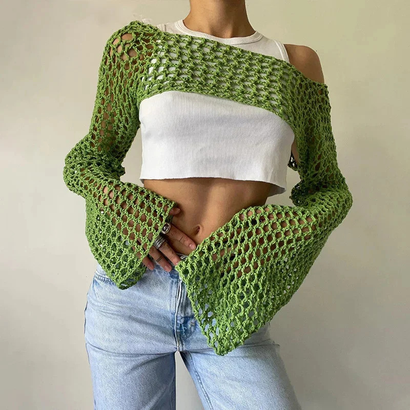 Summer Green Long Sleeve Smock Knitted Crop Top Women Y2k Beach Sexy Backless Hollow Out Party Blouse Shirts 250514