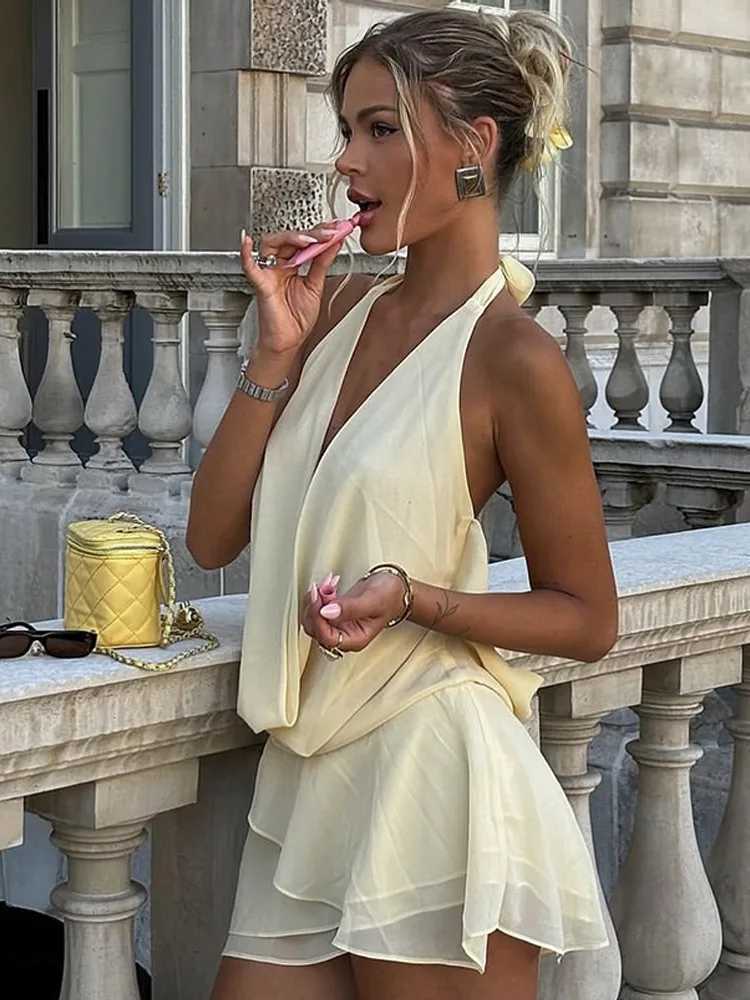 Womens Sexy Deep V-neck Pleated Lace-up Halter Dress Elegant Backless High Waist A-line Dresses 2025 Vocation Party DressesXJ250514