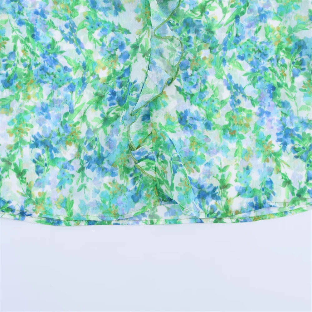 UNIZERA womens shirt with green floral print Vneck layered decoration long sleeved temperament summer style 250514