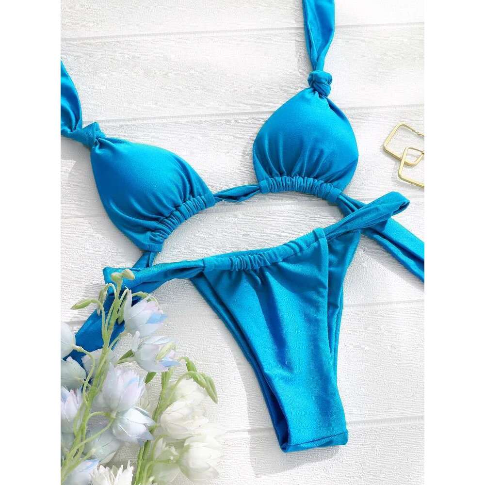 Tiedown Bikini for Women Triangle Swimwear Bathing Suit Brazilian 2-Piece Folds Bikinis Set solid Push Up Swimsuit New