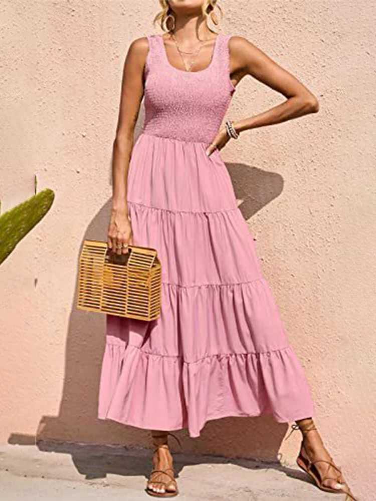 Dresses For Women 2024 Summer Sexy Elegant Sleeveless Floral Solid Color Long Dress Fashion Elastic Waist Beach Party Big SwingXJ250514
