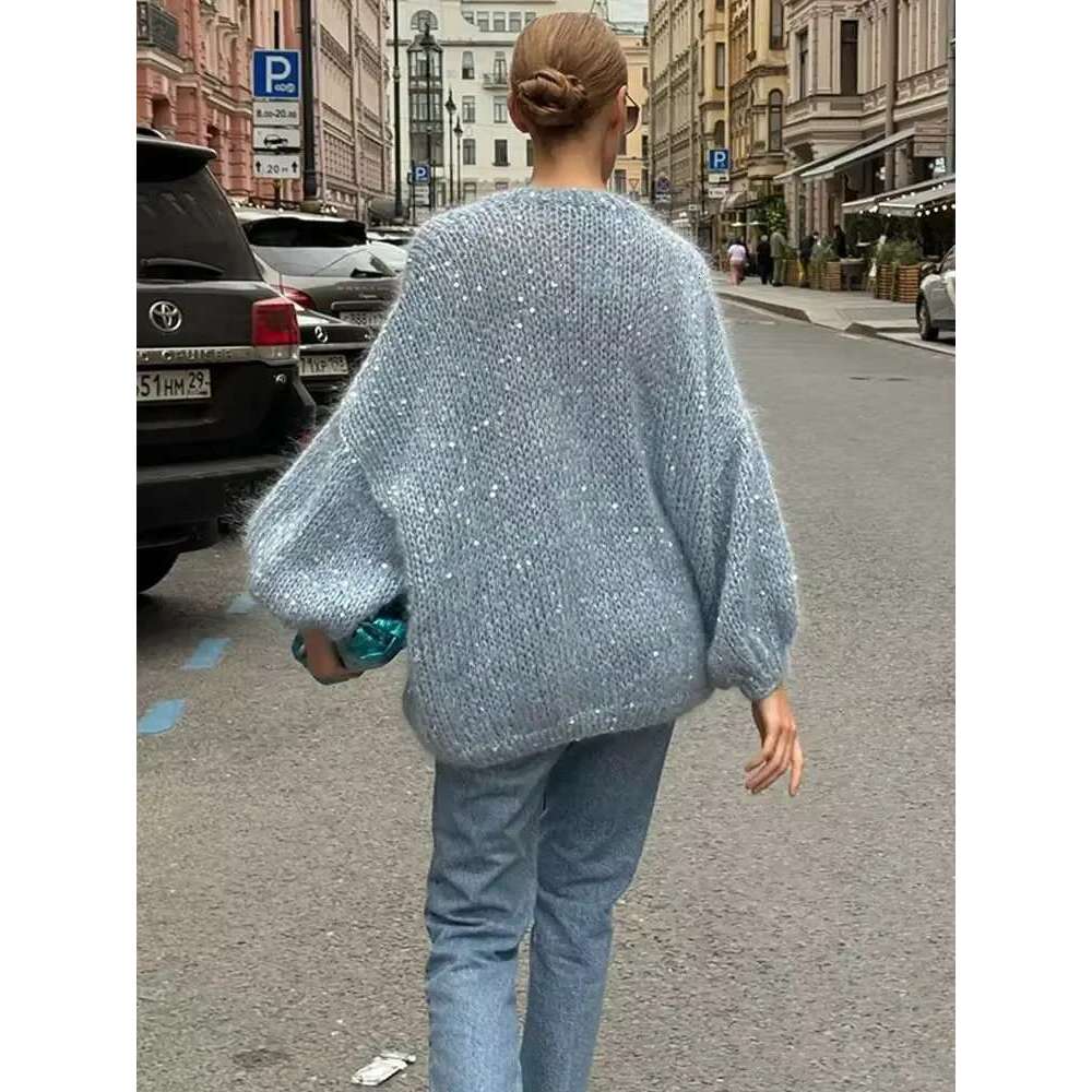 Lady Street Knitwear Fashion Shiny Sequins Women Mohair Knitted Cardigan Chic V Neck Long Lantern Sleeve Sweater