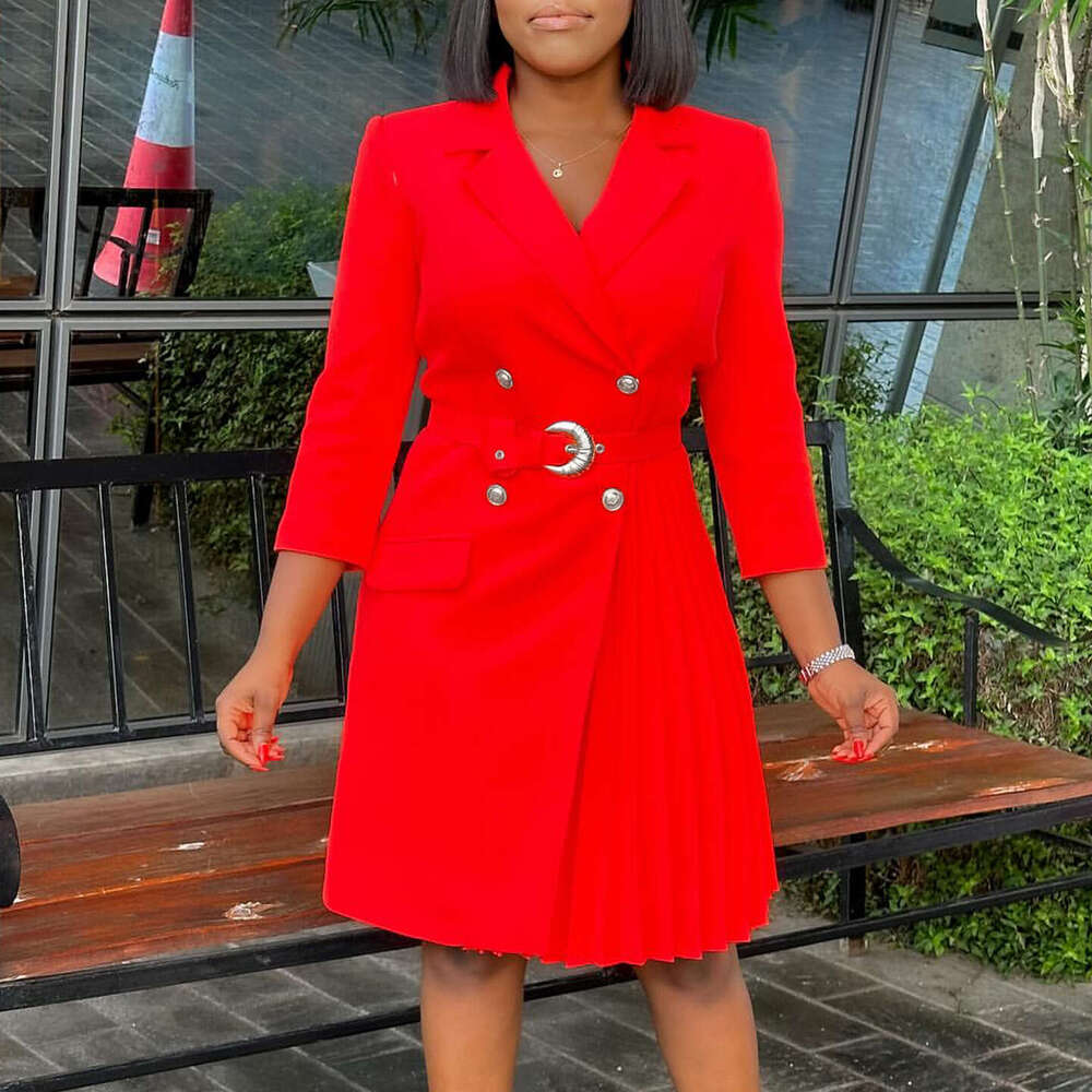 Women's Wear New High Waisted Fashionable Cinching Waist Pleating Splicing Mid Length Suit Dress