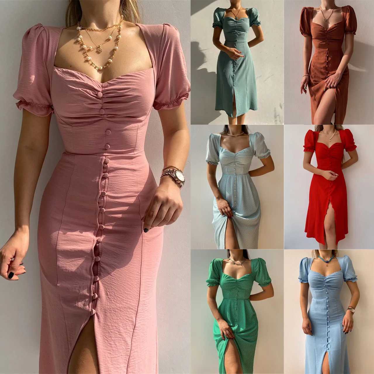 Fashion Bandage Bodycon Dresses For Women Puff Short Sleeves Sexy Low Cut Slim A-line Dress Elegant Ladies Dresses 2023 SummerXJ250514