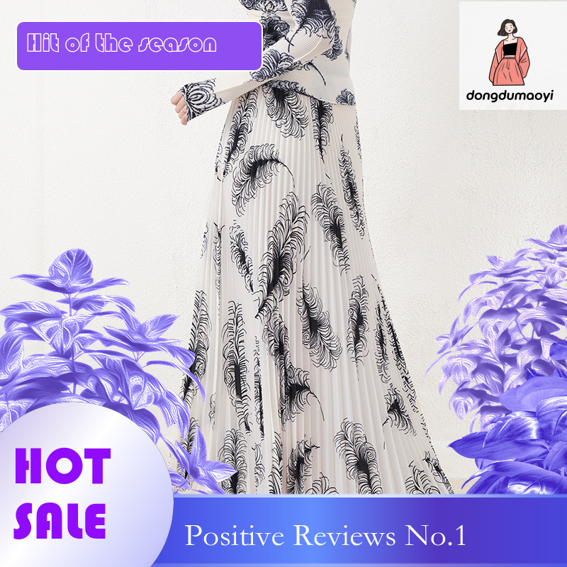 dongdumaoyi Miyake printed T-shirt top for women, 2024 new set, fashionable and versatile, high waist, mid length skirt two-piece set