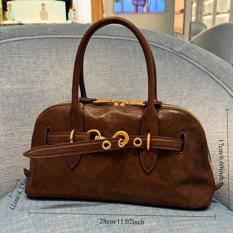 MM High Quality Cowhide Shell Bag Retro Portable Leather Bowling Tote Bag.