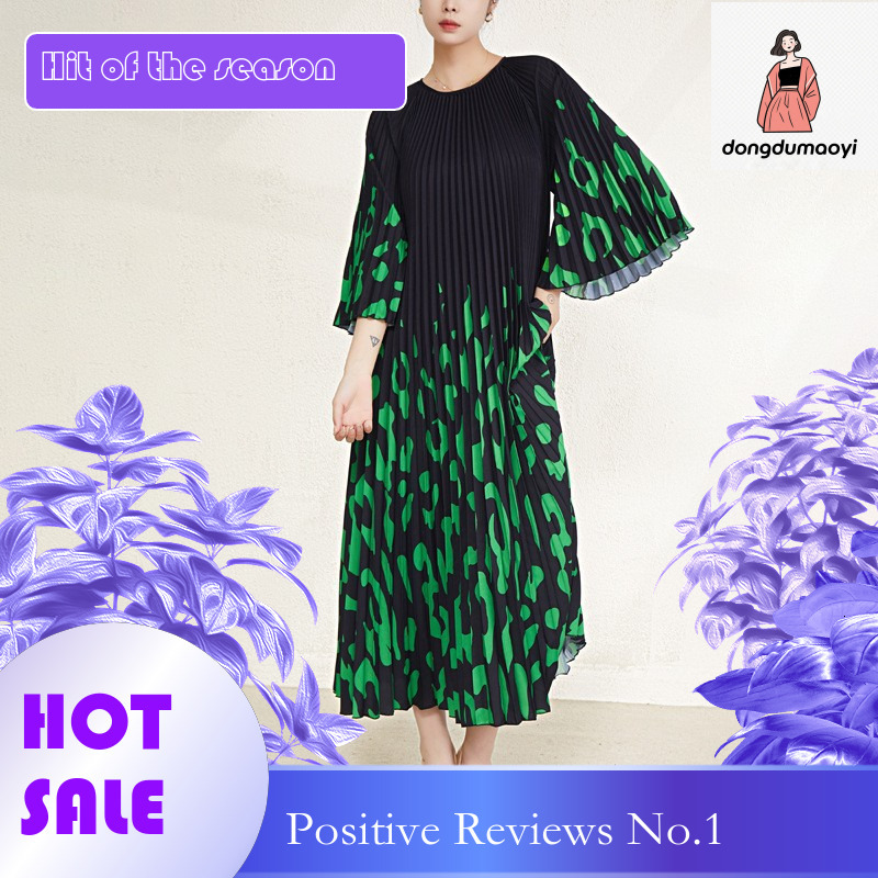 dongdumaoyi Women s skirt plus size loose printed accordion pleated three bedroom long sleeved dress for women