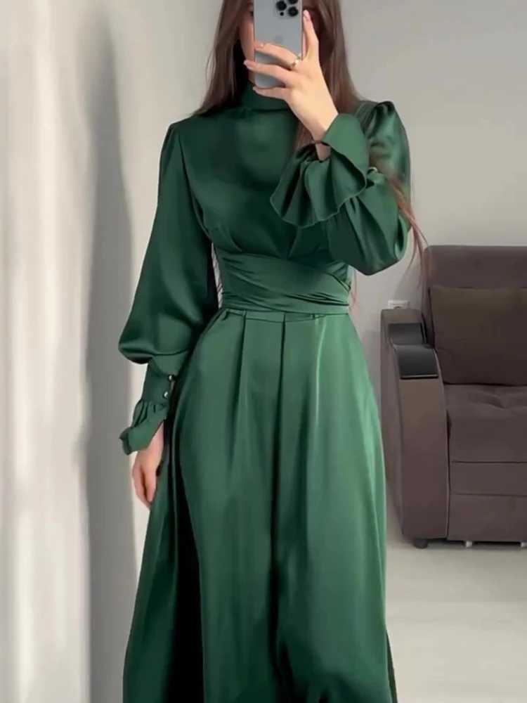 Eid Satin Muslim Dress for Women Abaya Party Dresses Ramadan Lace-up Islam Flare Slve Vestidos Largo Dubai Arab Long Robe 2024 X250514