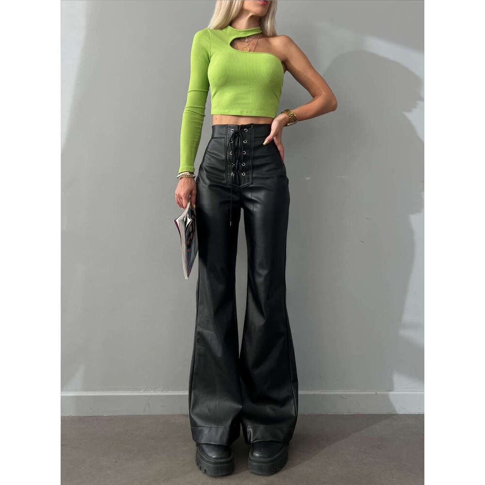Women Pants 2025 Autumn Winter Fashionable and Sexy High Waisted Flared Leather Pants Womens Pants Hot Style Solid Color Printing All-match Model