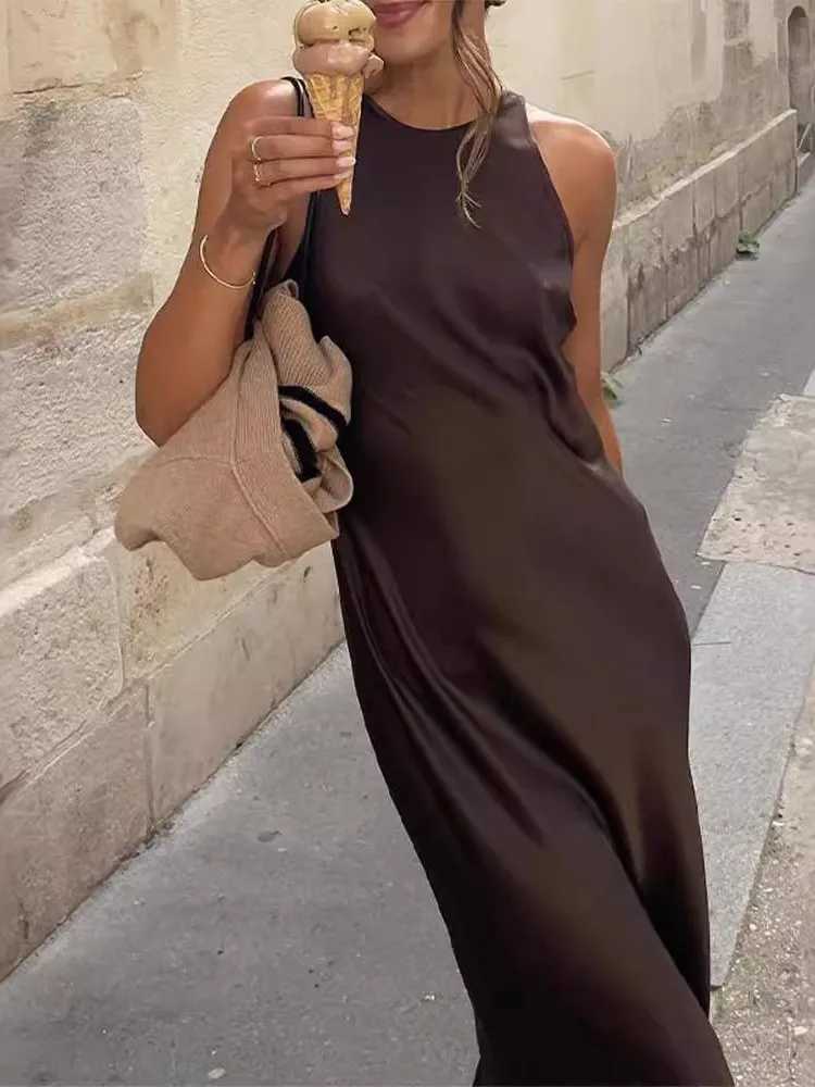 Womens Elegant Satin Sleeveless Midi Dress Fashion Solid Color O Neck Slim Fit Dresses Female Stylish Street Party Dress 2024XJ250514
