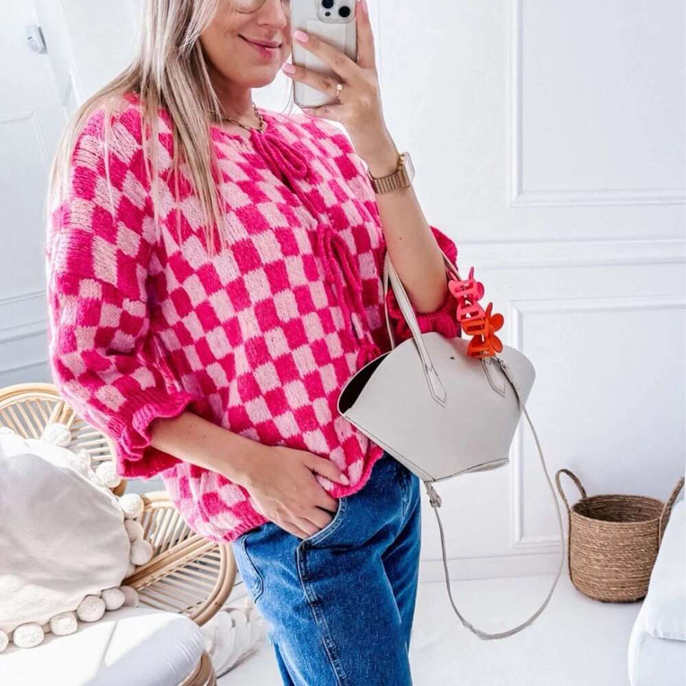 Combhasaki Women's Y2K Checkerboard Print Front Bow Tied Crop Cardigan Crew Neck 3/4 Flare Ruffle Sleeve Knit Sweater Streetwear